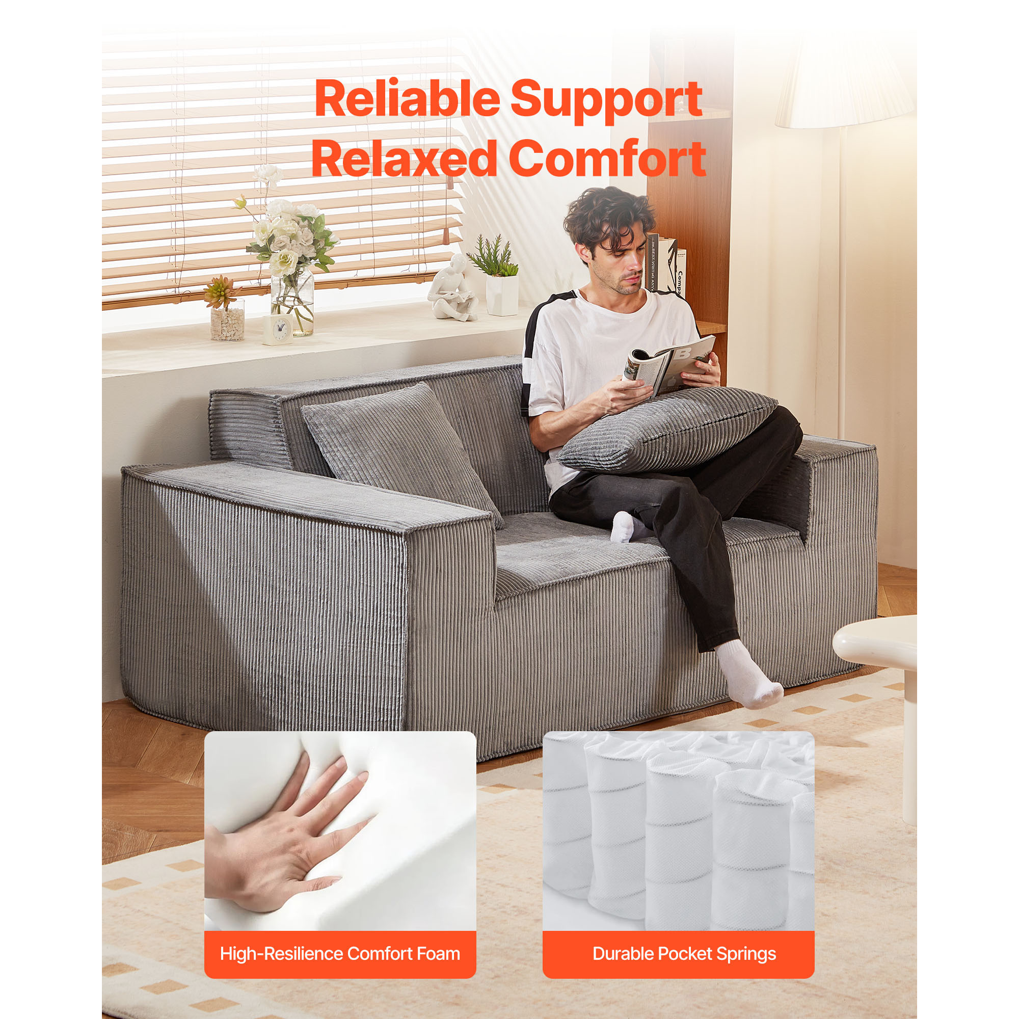Loveseat Sofa, 63-Inch 2-Seats Couch For Living Room, Modern Small Corduroy Couch With Pocket Springs, Soft Cushions, Comfy Loveseat For Bedroom, Office Or Apartment, No Assembly Required, Gray_maomaolike.com